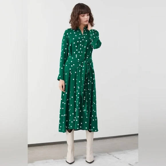 & Other Stories / Green Polka Dot Tie Midi Dress 0 & Other Stories / Green Polka Dot Tie Midi Dress 0